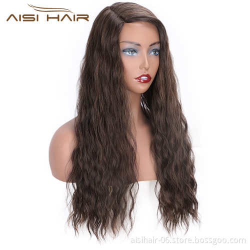 Aisi Hair Brown Color Lace Part Heat Resistant Synthetic Hair Wigs with Bangs Long Wavy Side Part Wigs for Black Women